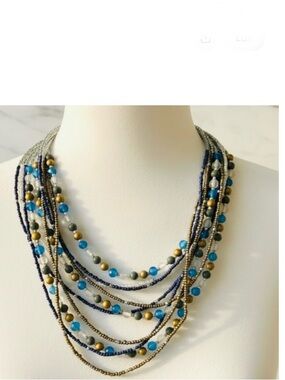 Vintage Egypt-Inspired Statement Necklace | Layered Turquoise Navy Gold Beads
